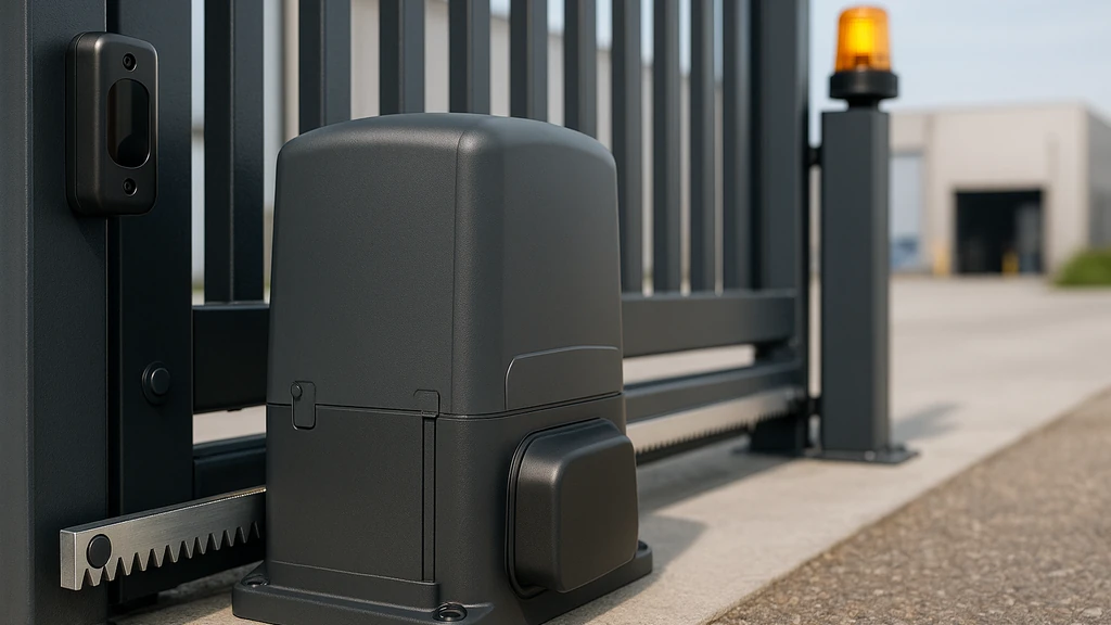 Moteur CAME pour portail coulissant avec crémaillère et photocellule, vue rapprochée sur le carter et le pignon, installation résidentielle/industrielle en plein jour.