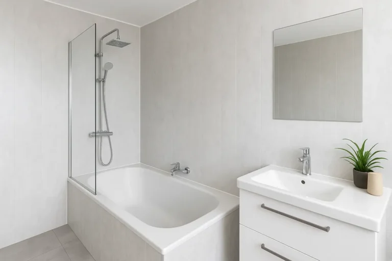 Salle de bain moderne avec panneaux muraux PVC imitation pierre autour de la baignoire et de la douche, illustrant une pose étanche, sans joints de carrelage et facile d’entretien.