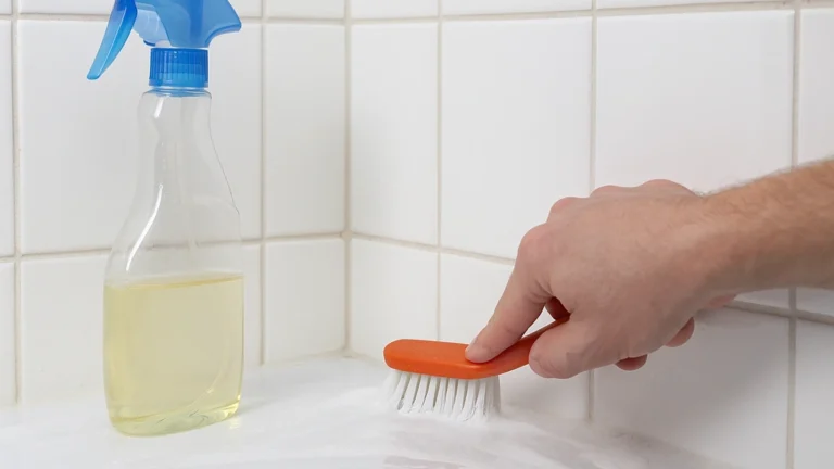 Nettoyage des joints de salle de bain : main brossant un joint de carrelage avec mousse, spray de produit à côté, carrelage blanc, scène réaliste et lumineuse.