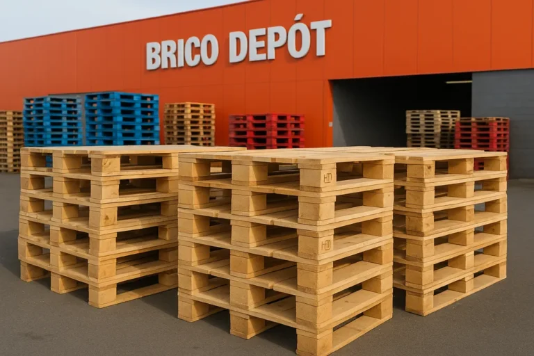Stacks de palettes bois naturelles marquées HT devant un magasin de bricolage, illustrant les palettes autorisées et consignées à distinguer chez Brico Dépôt.