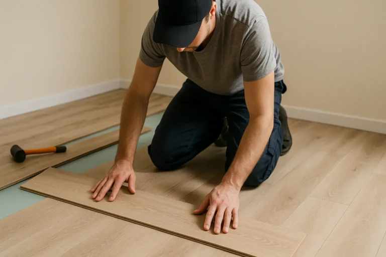 Pose d’un parquet stratifié clipsable sur sous-couche verte par un bricoleur à genoux, illustrant une installation soignée respectant les jeux de dilatation.