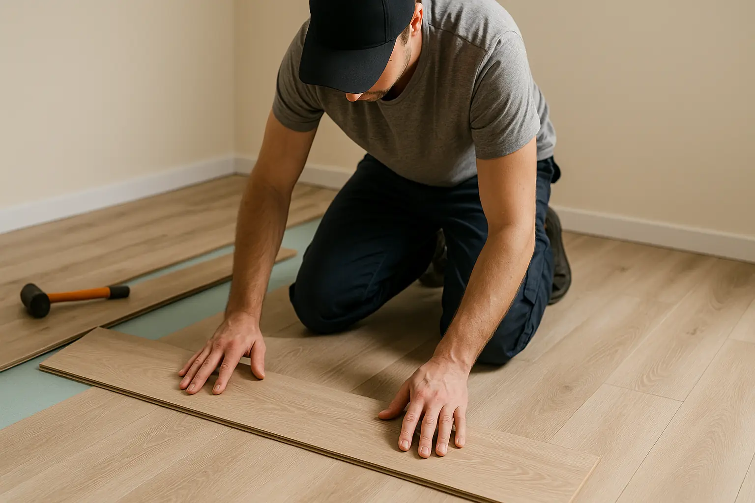 Pose d’un parquet stratifié clipsable sur sous-couche verte par un bricoleur à genoux, illustrant une installation soignée respectant les jeux de dilatation.