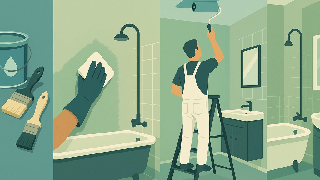 Illustration étape par étape montrant la préparation, le nettoyage, la peinture et le résultat final d’une salle de bain rénovée
