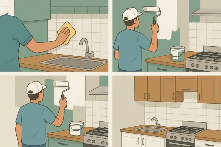 Illustration étape par étape montrant le nettoyage, la préparation et la peinture d’une cuisine moderne pour une rénovation durable