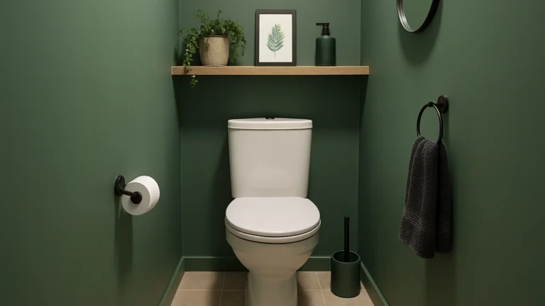 Petits WC modernes avec murs vert sauge, toilettes blanches, étagère en bois et accessoires noirs pour une décoration contemporaine et chaleureuse
