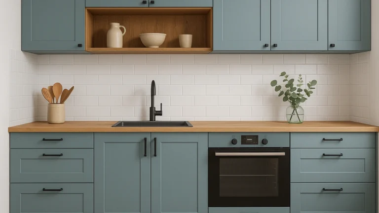 Cuisine moderne rénovée avec meubles repeints en vert sauge, plan de travail en bois clair et crédence blanche, illustrant un relooking de meubles réussi