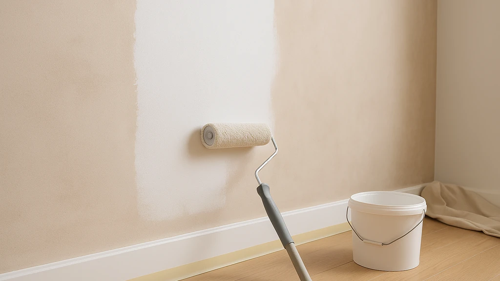 Application d’une sous-couche d’impression sur un mur en plâtre avant peinture, rouleau et seau posés sur bâche, préparation conforme DTU 59.1