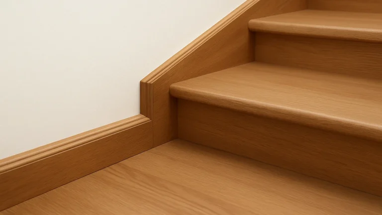 Plinthe d’escalier en bois clair parfaitement alignée le long d’un mur blanc, montrant une finition soignée entre marches et mur dans une cage d’escalier moderne.