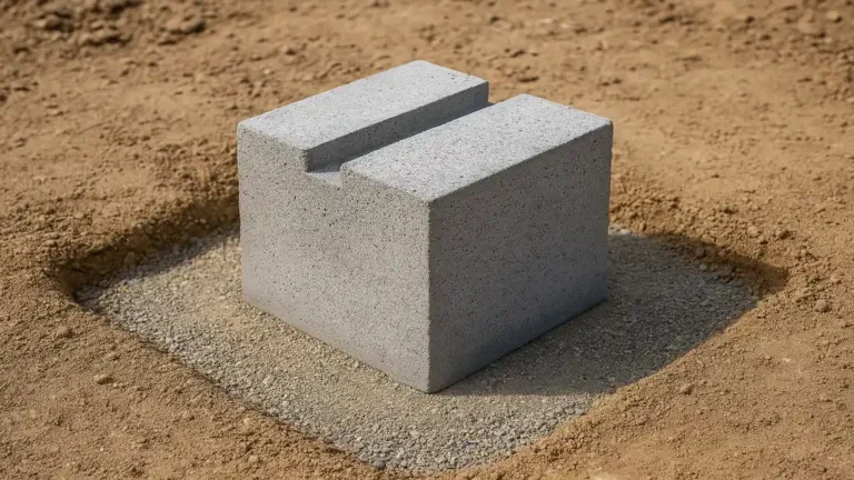 Plot béton préfabriqué 40×40 posé sur un lit de grave compactée dans un terrassement, montrant la base de fondation prête à recevoir une structure de terrasse ou de pergola.
