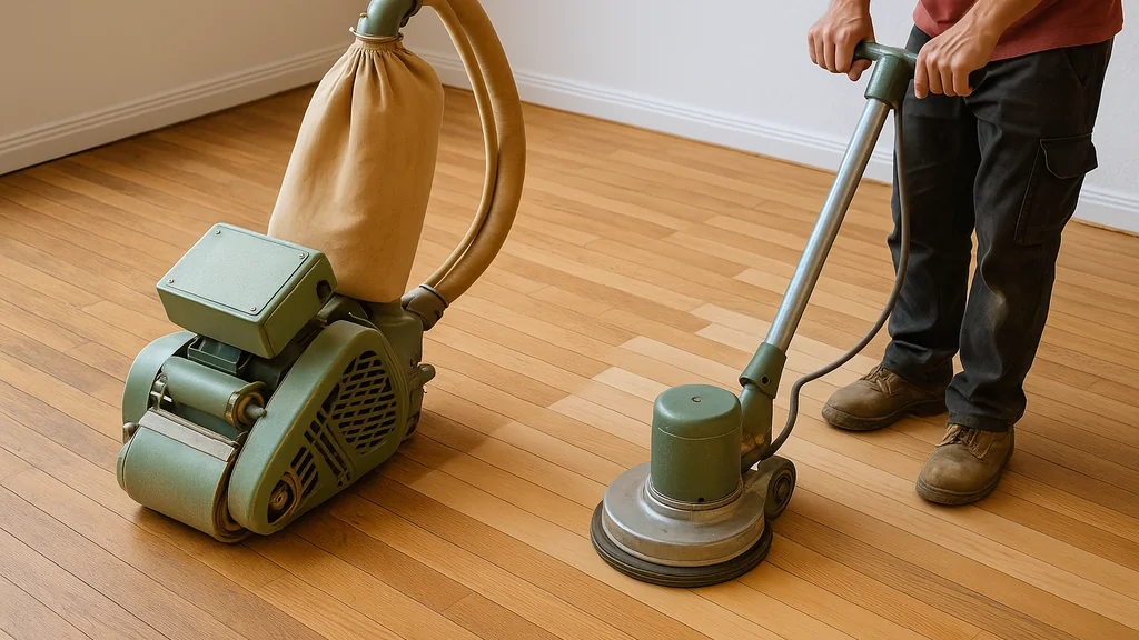 Artisan ponçant un parquet en bois clair avec ponceuse à bande et monobrosse, poussière en suspension, méthode en trois passes 40/80/120 dans une pièce lumineuse.