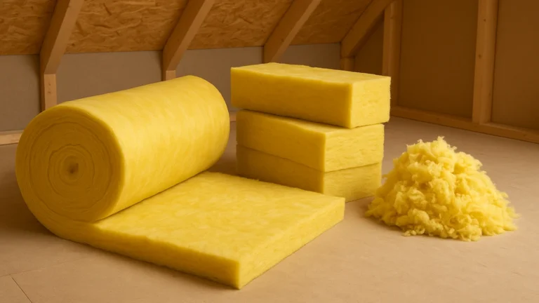 Prix de la laine de verre en rouleaux, panneaux et vrac posés dans des combles, illustrant différents formats d’isolant thermique économique en 2025
