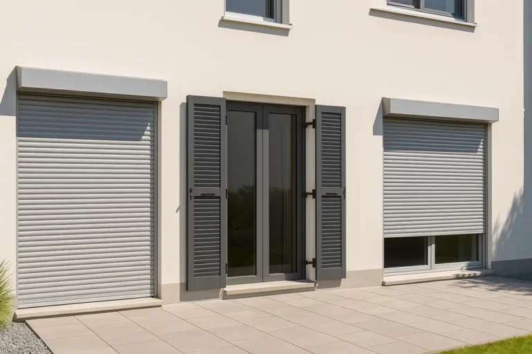 Façade de maison moderne équipée de volets roulants et battants aluminium gris, illustrant les différentes gammes de prix selon le type de volet.
