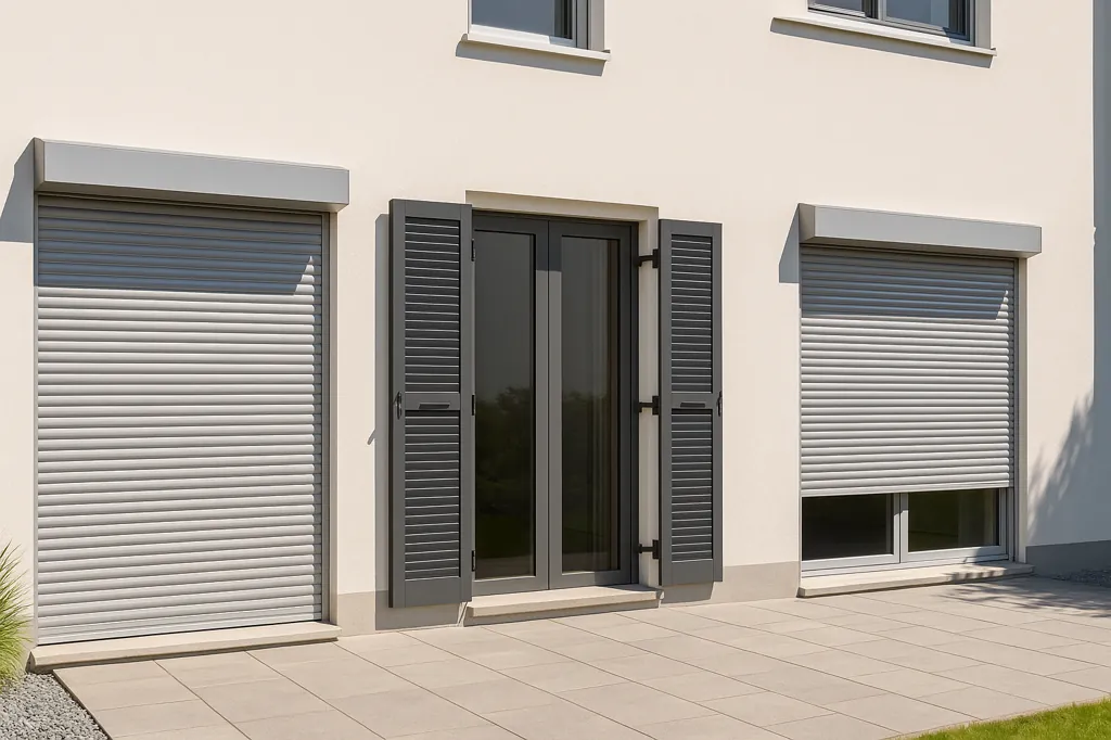 Façade de maison moderne équipée de volets roulants et battants aluminium gris, illustrant les différentes gammes de prix selon le type de volet.