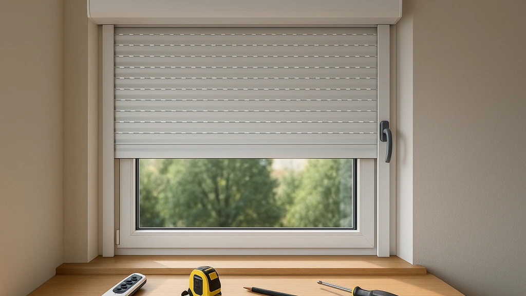 Volet roulant électrique partiellement baissé avec télécommande, mètre ruban et tournevis sur l’appui, scène réaliste pour illustrer le prix selon matière, motorisation et pose.