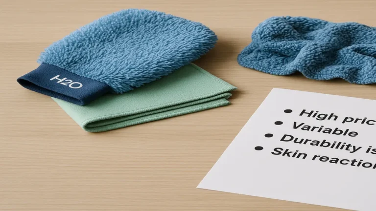 Gant microfibre et chiffonnette H2O posés sur une table en bois à côté de flacons de cosmétiques, illustrant les avis négatifs sur le prix, la durabilité et l’efficacité des produits H2O at Home