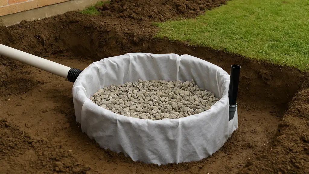 Puits perdu pour eaux pluviales en cours d’installation : fosse circulaire avec géotextile, graviers drainants, arrivée PVC et trop-plein, à distance des fondations.