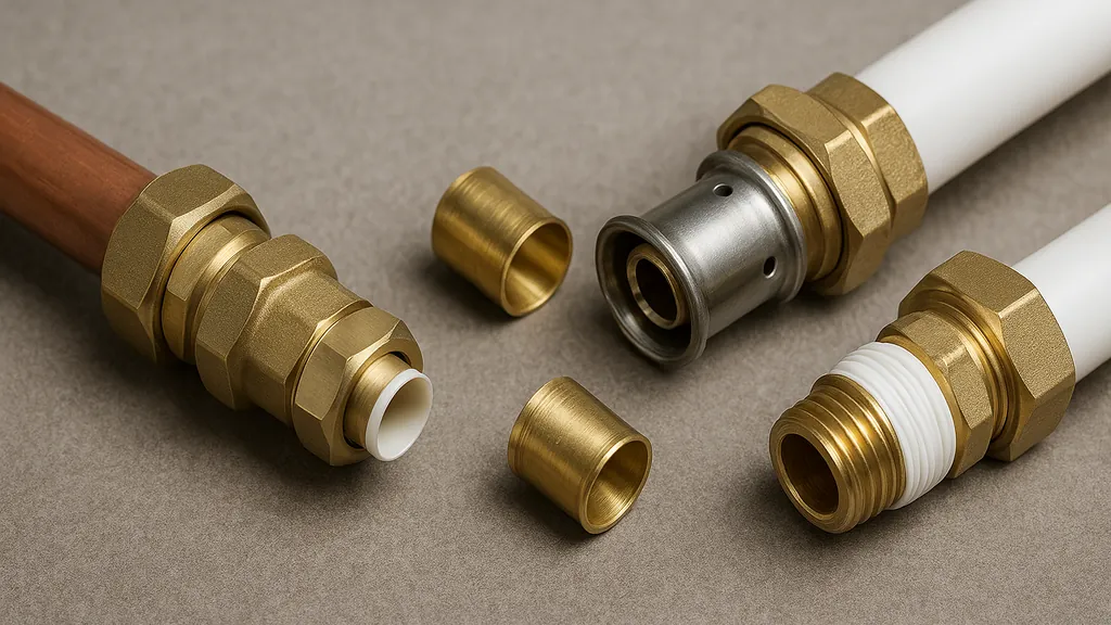 Raccord cuivre-PER : gros plan réaliste sur raccords laiton (compression à olive, sertir mixte, fileté avec PTFE) et insert rigide côté PER,