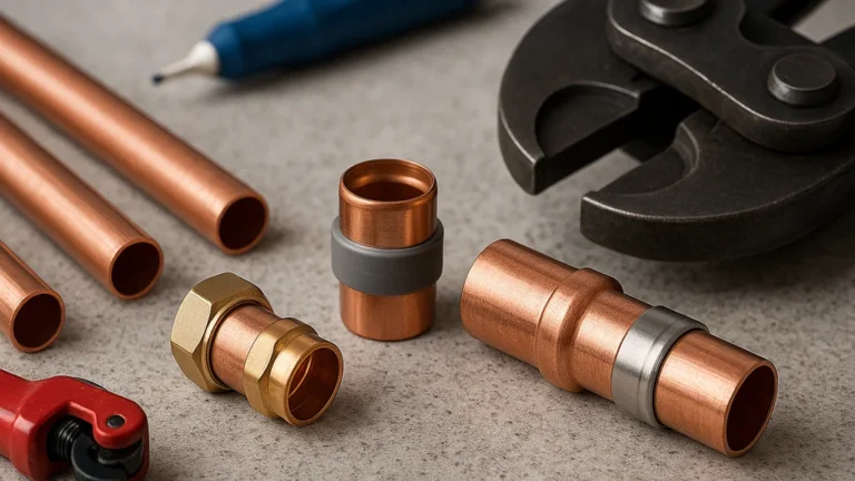 Raccords cuivre sans soudure sur établi : compression bicône en laiton, connecteur push-fit et manchon à sertir avec outils coupe-tube et pince de sertissage