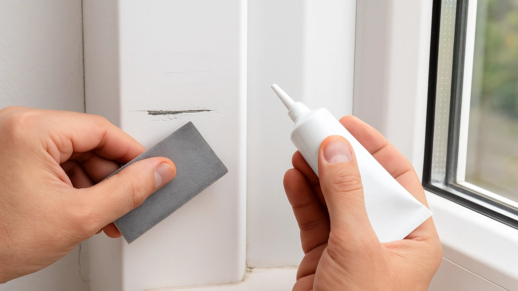 Réparation de PVC blanc abîmé avec ponçage et application de mastic sur un cadre de fenêtre, gros plan sur la restauration de la surface