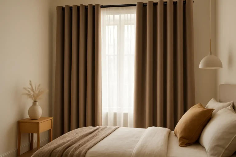Chambre lumineuse avec rideaux occultants clairs créant une ambiance cosy et reposante.