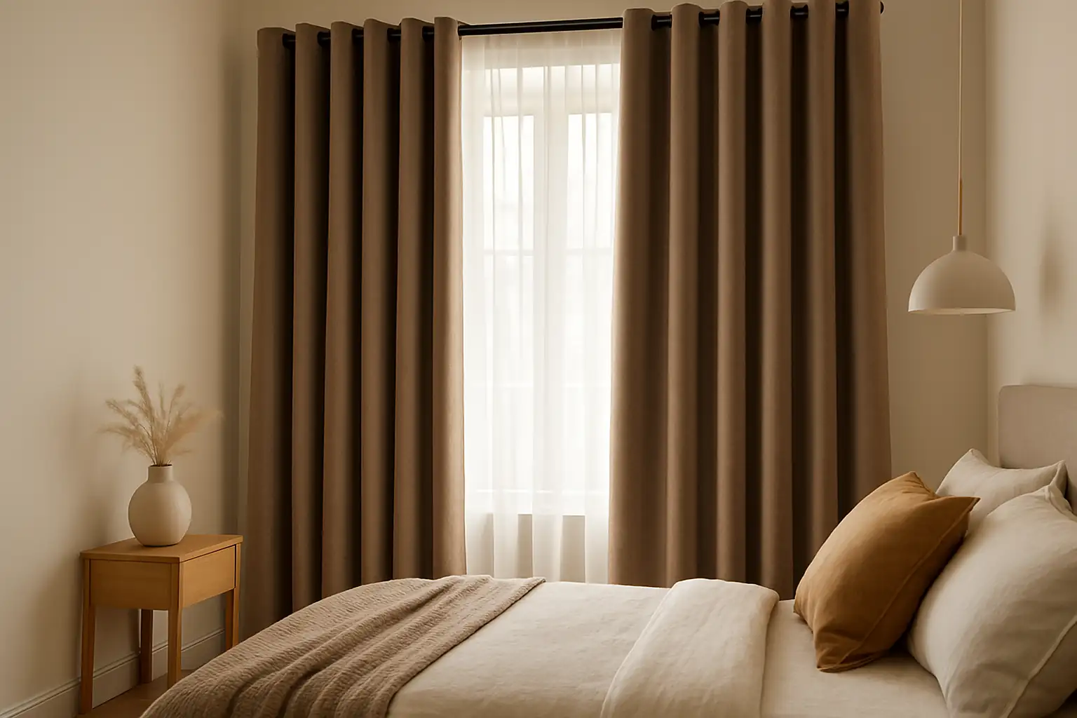 Chambre lumineuse avec rideaux occultants clairs créant une ambiance cosy et reposante.