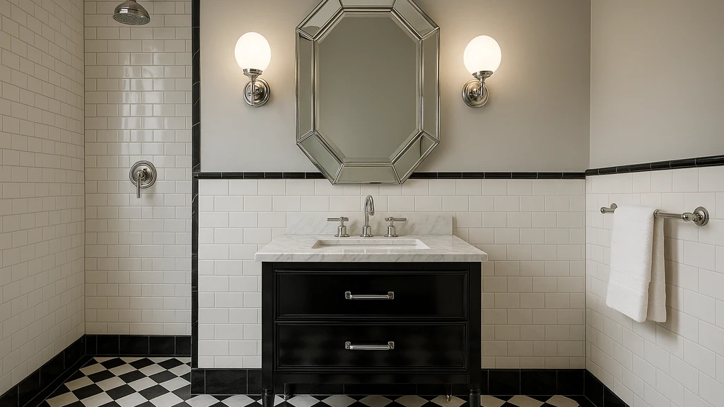 Salle de bain Art déco avec sol damier noir-blanc, miroirs biseautés, appliques globe en opaline et robinetterie chrome, meuble vasque noir au plateau marbre