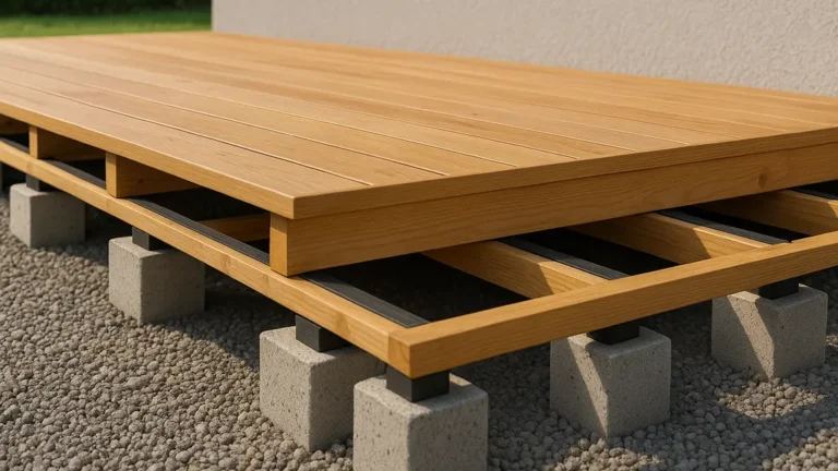 Terrasse bois sur plots béton : vue rapprochée montrant lames posées, lambourdes ventilées et appuis en dés de béton sur lit drainant, réalisation propre et réaliste en plein jour.