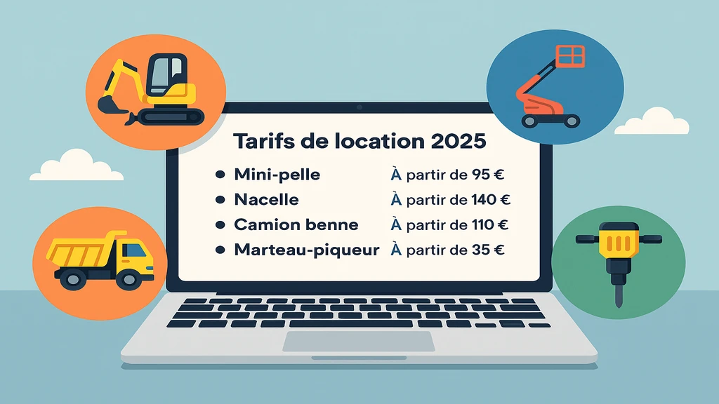 Illustration réaliste d’engins de chantier comme mini-pelle, nacelle et camion benne, symbolisant la location de matériel BTP et les prix proposés par TravauxSuccess.fr