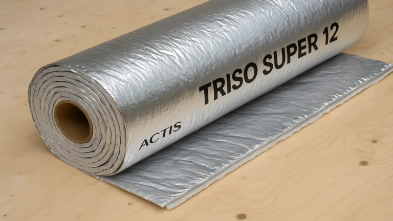 Rouleau d’isolant mince Triso Super 12 posé sur un support en bois clair, montrant la texture aluminium multicouche typique des isolants réflecteurs