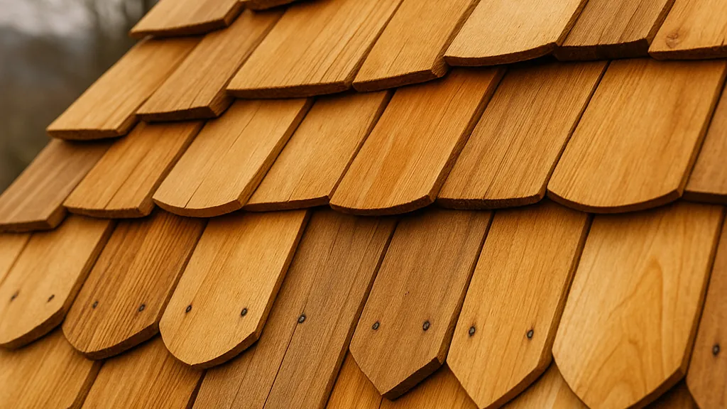 Détail d’une toiture en tuiles de bois naturels posées en écailles, montrant la texture et le recouvrement des bardeaux