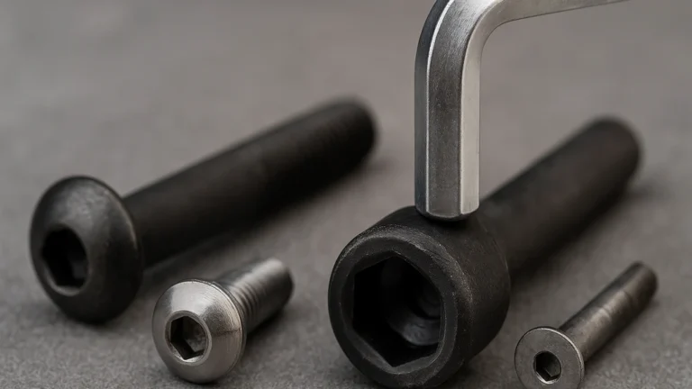 Gros plan d’une vis BTR à six pans creux (tête cylindrique CHC) alignée avec une clé Allen, avec variantes bombée et fraisée en arrière-plan, rendu net et moderne.