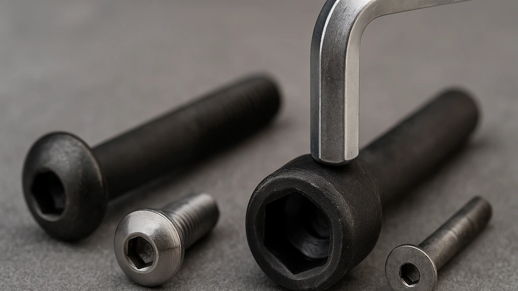 Gros plan d’une vis BTR à six pans creux (tête cylindrique CHC) alignée avec une clé Allen, avec variantes bombée et fraisée en arrière-plan, rendu net et moderne.