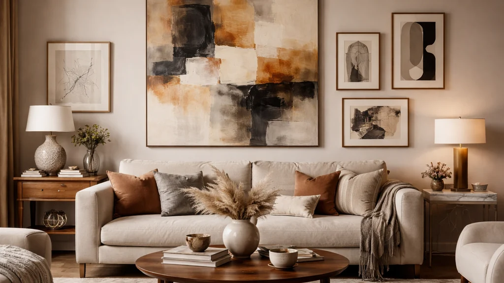 Salon moderne et lumineux avec grande œuvre abstraite et mur de cadres, illustration de l’art dans la déco et de la décoration murale artistique.