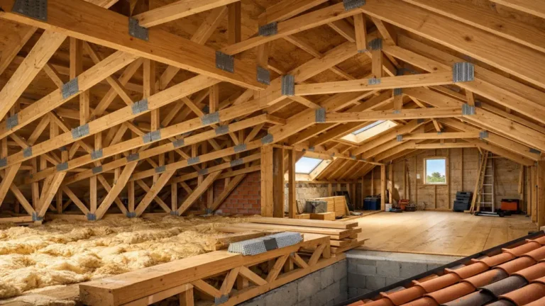 Charpente fermette industrielle en bois dans des combles, montrant fermettes en W et fermettes à entrait relevé pour combles aménageables