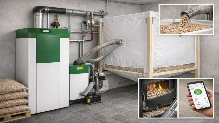 Chaudière à granulés de bois installée dans une chaufferie avec silo textile, alimentation automatique en pellets et conduit de fumée