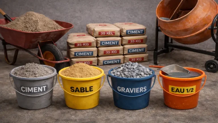 Dosage béton 1-2-3 avec seaux de ciment, sable, graviers et eau pour dalle, fondations et travaux de maçonnerie