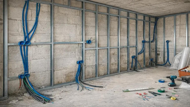 Installation électrique avant isolation intérieure avec ossature métallique, gaines ICTA et boîtes d’encastrement posées avant doublage placo