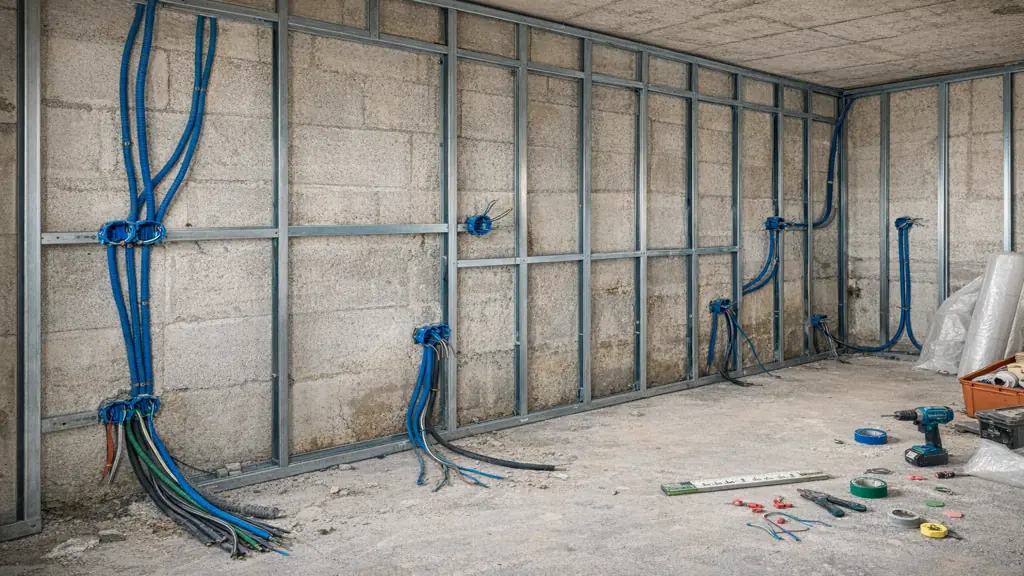 Installation électrique avant isolation intérieure avec ossature métallique, gaines ICTA et boîtes d’encastrement posées avant doublage placo