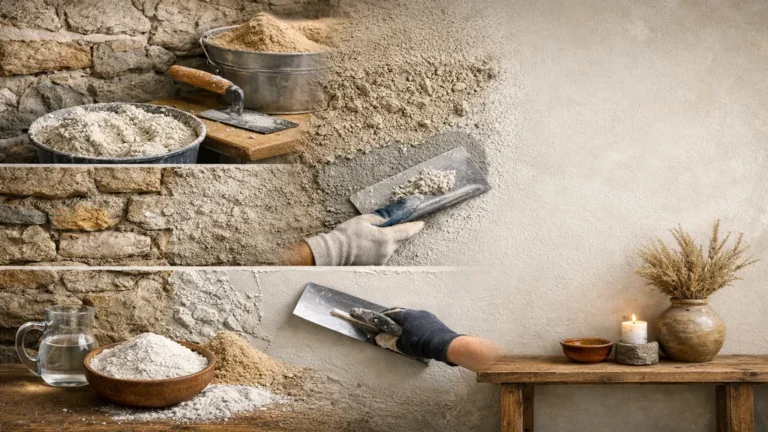 Mur intérieur avec enduit à la chaux naturel, finition talochée claire, texture minérale respirante dans une pièce lumineuse