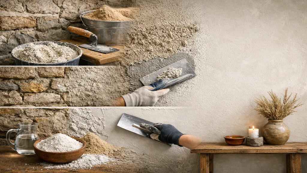 Mur intérieur avec enduit à la chaux naturel, finition talochée claire, texture minérale respirante dans une pièce lumineuse