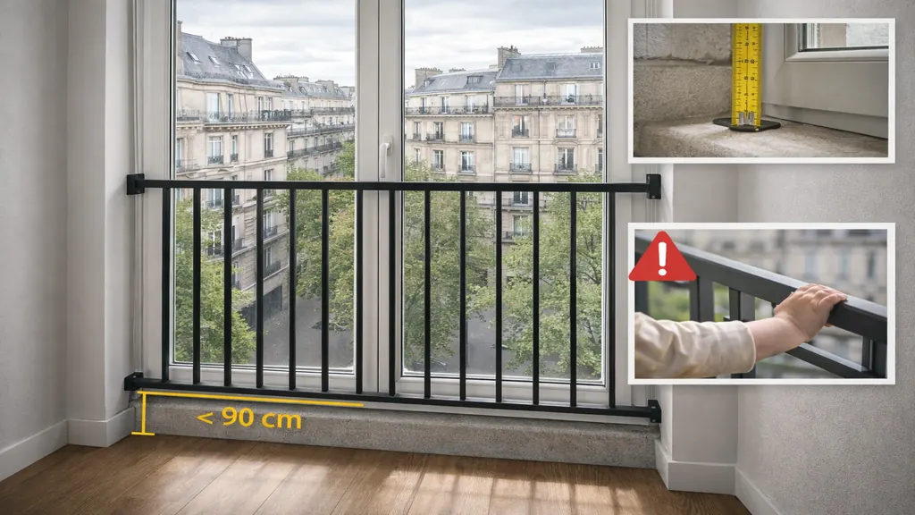 Garde-corps de fenêtre en métal avec barreaux verticaux installé sur une fenêtre en étage à allège inférieure à 90 cm, conforme aux normes de sécurité