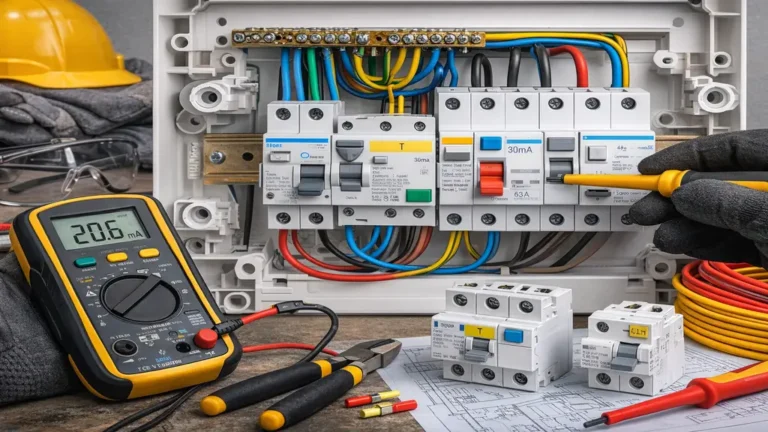 Tableau électrique résidentiel avec interrupteurs différentiels 30 mA et disjoncteurs, installation conforme à la norme NF C 15-100