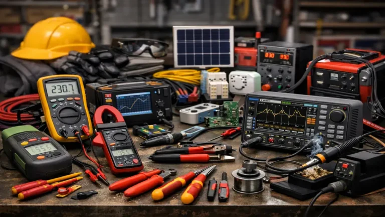 Atelier d’électricien avec multimètre, pince ampèremétrique, oscilloscope, station de soudure et outils électriques professionnels pour diagnostic et installation