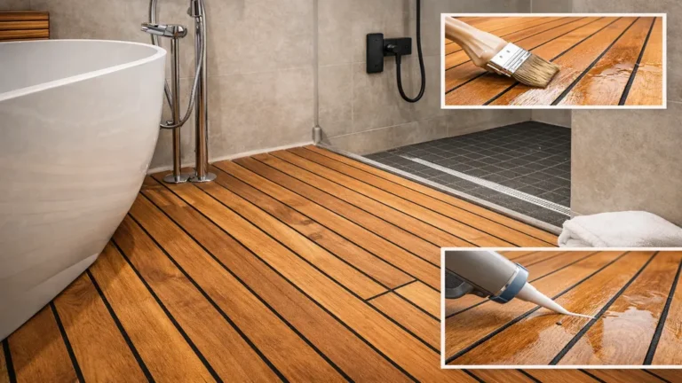 Parquet en bois exotique posé dans une salle de bain, type pont de bateau avec joints étanches, zone douche carrelée et finition huilée résistante à l’humidité
