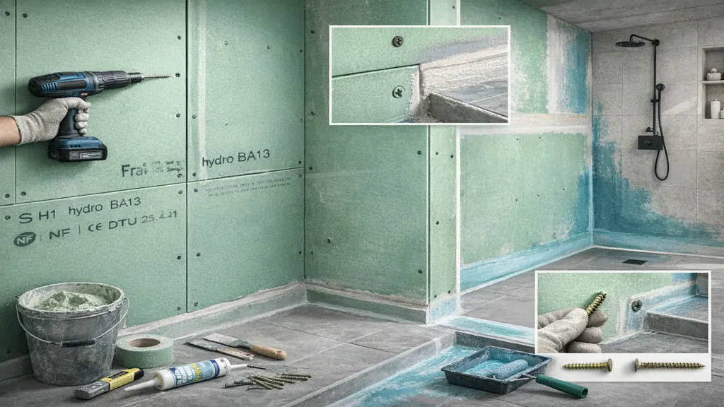 Pose de placo hydrofuge BA13 vert dans une salle de bain, avec vis anticorrosion et système d’étanchéité sous carrelage en zone de douche