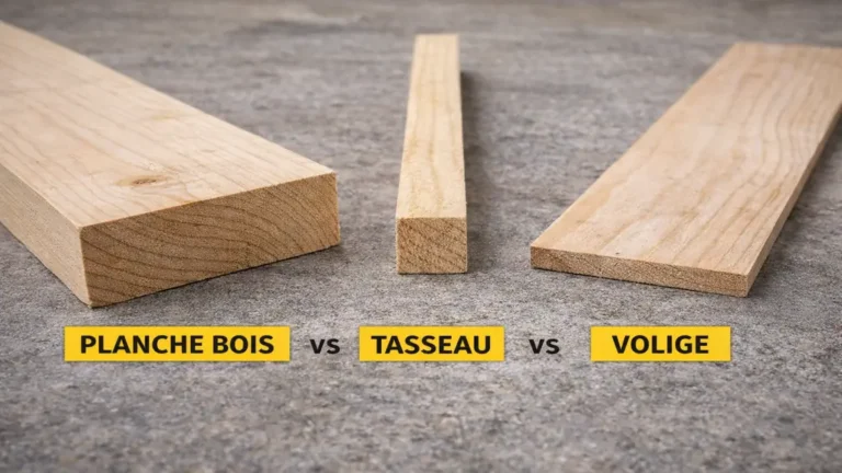 Comparaison entre planche de bois massif, tasseau et volige montrant les différences de section, d’épaisseur et d’usage