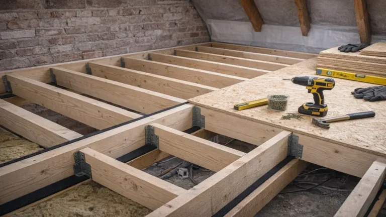 Structure de plancher bois avec solives, isolation entre solives et pose de panneaux OSB selon le DTU 51.3