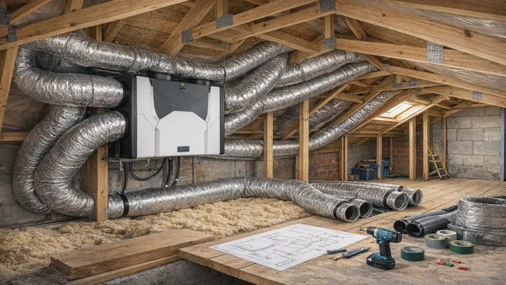 Installation d’une VMC double flux dans des combles, avec caisson de ventilation et réseau de gaines isolées pour maison individuelle