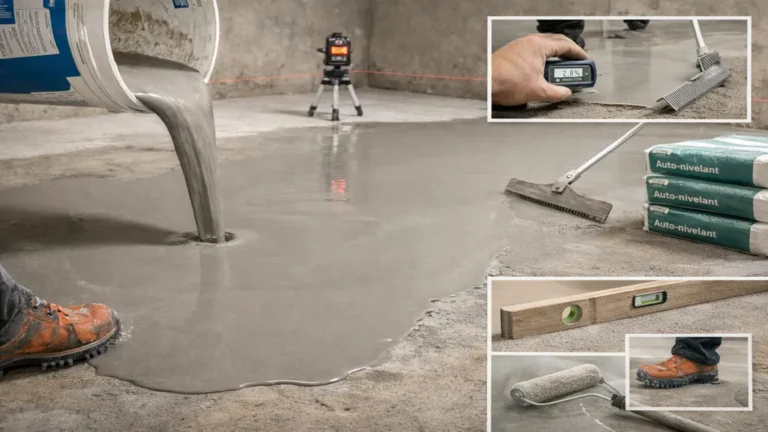 Application d’un ragréage autonivelant sur sol en béton pour corriger la planéité avant la pose d’un revêtement, avec raclette et rouleau débulleur