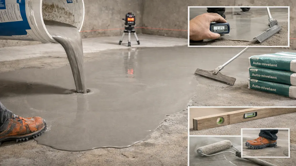 Application d’un ragréage autonivelant sur sol en béton pour corriger la planéité avant la pose d’un revêtement, avec raclette et rouleau débulleur